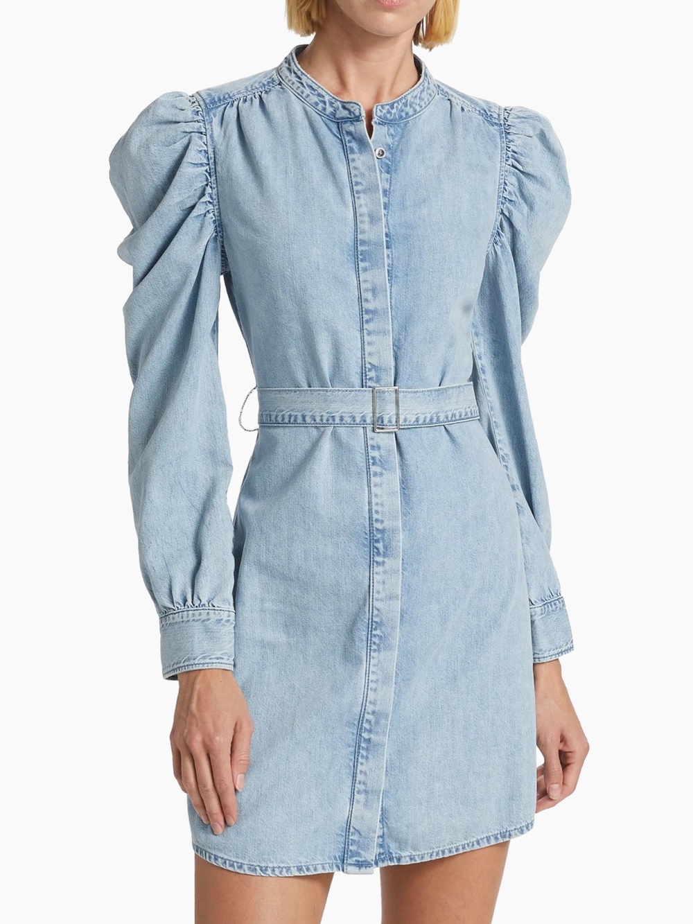 Frame Gillian Denim Blue Belted Puff-Sleeve Shirt Dress